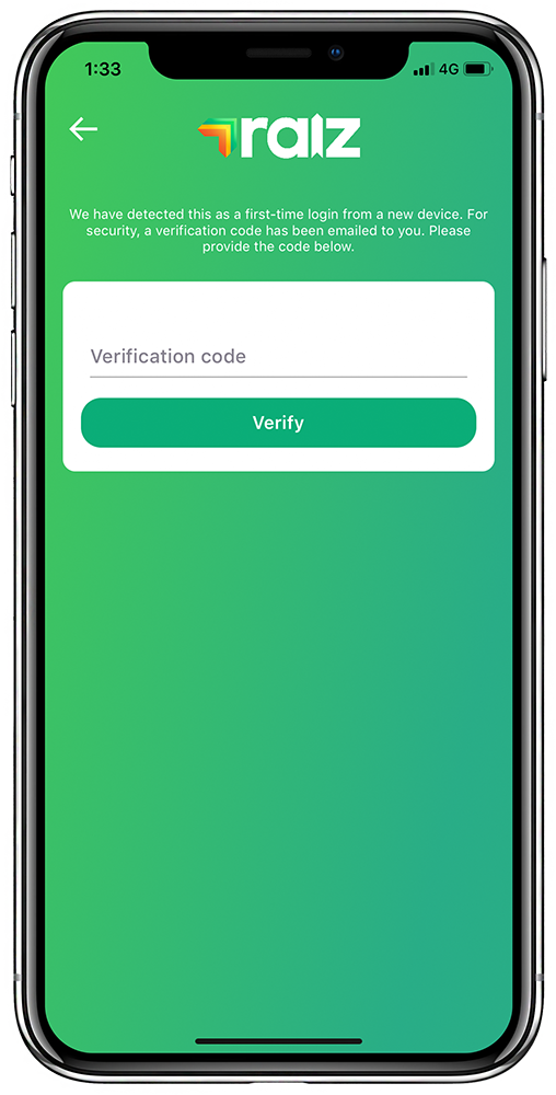 Raiz Multifactor Authentication (MFA) screen